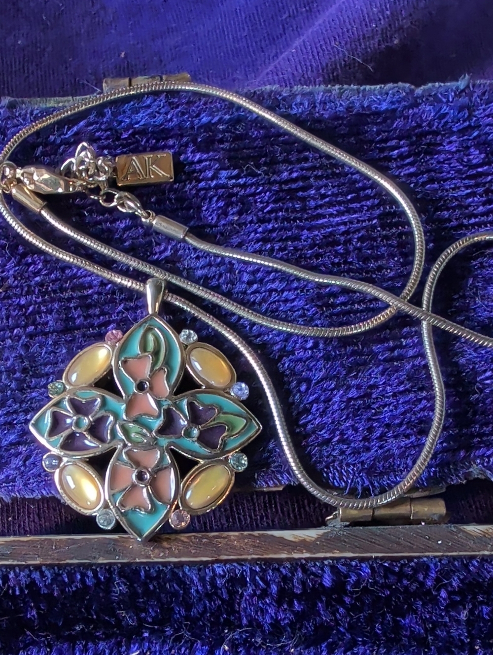 A-K Silver-Tone Multicolor Enamel Floral Pendant Necklace - Pink, Teal, Yellow